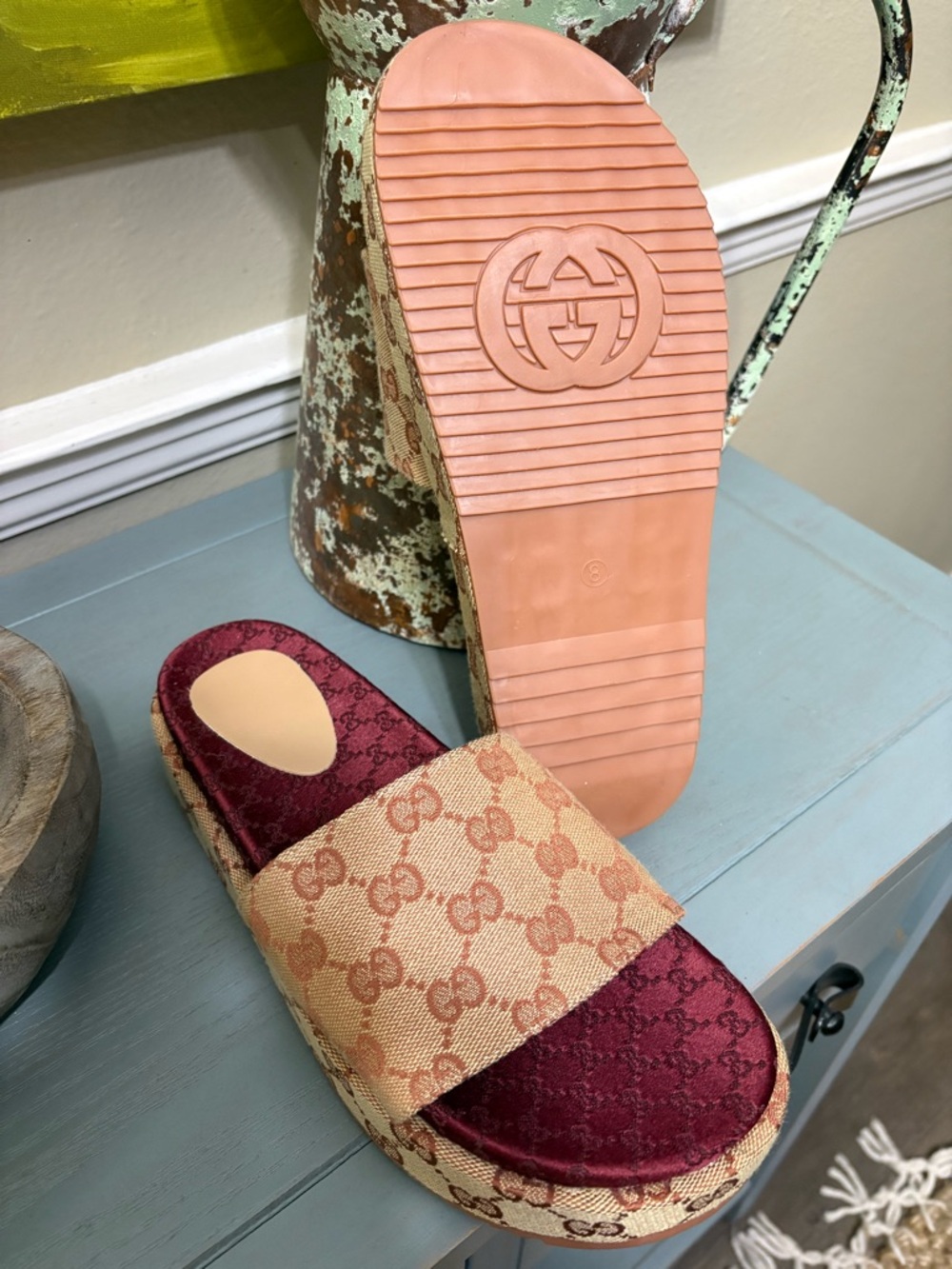 Designer Inspired GG in Beige & Burgundy Monogram Slide Sandals